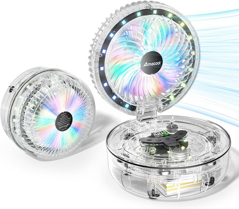 AMACOOL Transparent Folding Desk Fan, [Max 83Hrs Runtime] 20000mAh 8 Inch Rechargeable Portable Fan for Travel, 90° Oscillating 5 Speeds with Ambient Light, 8H Timer for Cruise, Camping, RV, Home - Image 1